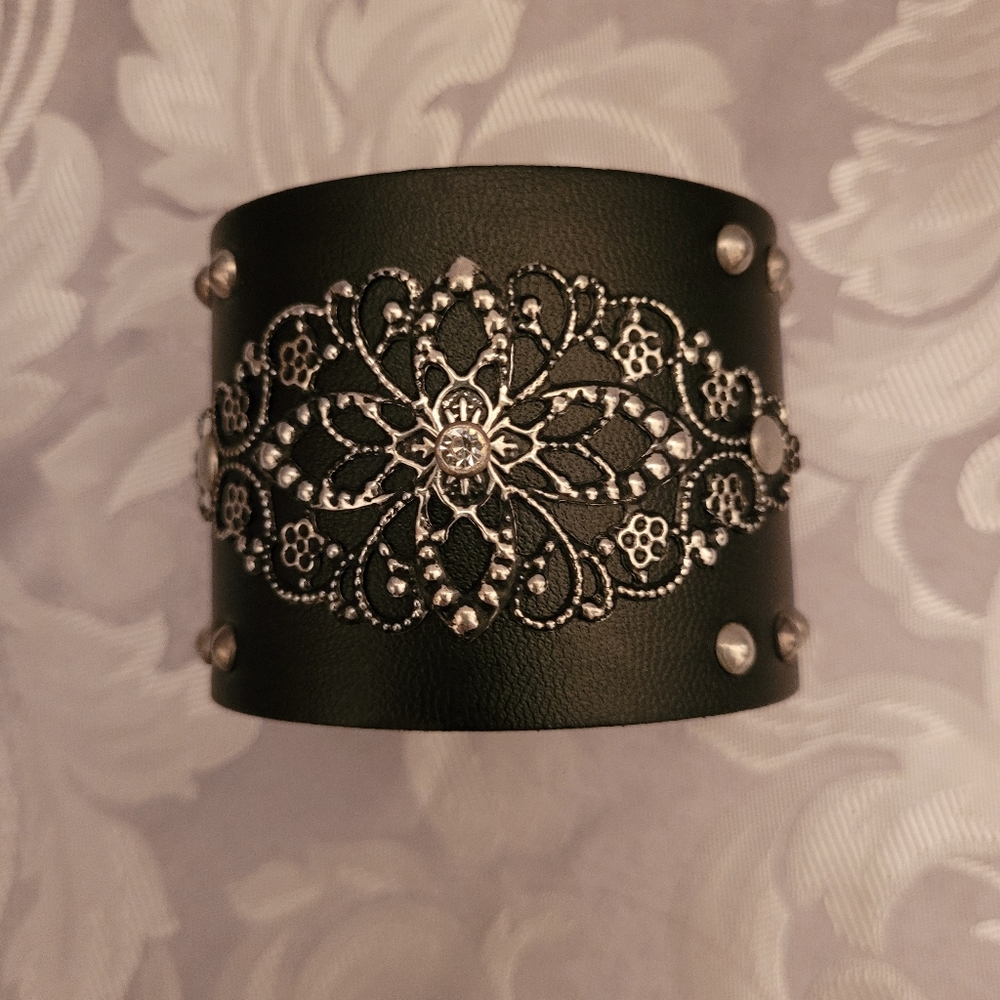 New Leather Lattice Cuff with Embellished Scroll Design